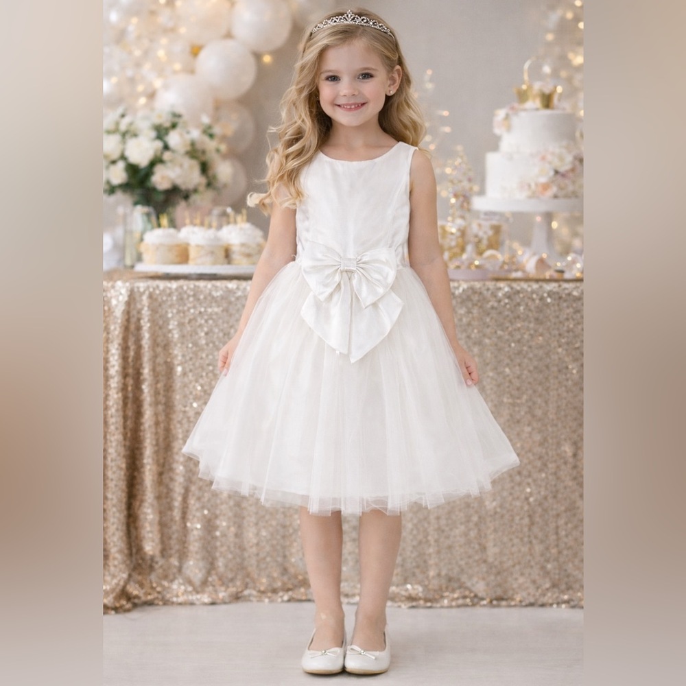 Zunie Stunning Satin Tule Fit & Flare Off-White Bow Tule Party Dress Size 6